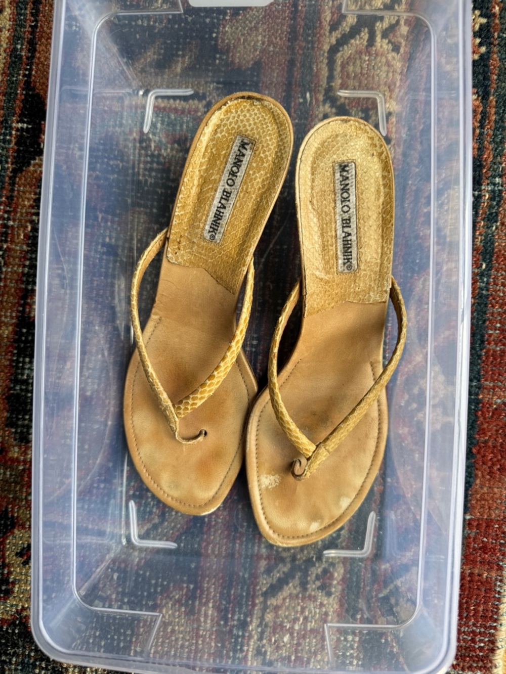 Manolo Blahnik snake skin  Thong kitten heels
